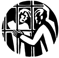 I was in prison and you came to visit me.” (linocut by Ade Bethune)